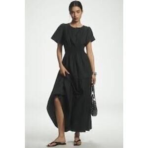 Anthropologie Somerset Maxi Dress Black Smocked Waist Puff Sleeve Pockets M